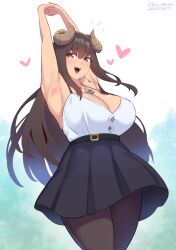 1girl :d allurmilk armpits arms_up artist_name black_skirt borrowed_character breasts brown_hair brown_horns brown_pantyhose cleavage dated highres horns jewelry large_breasts long_hair looking_at_viewer necklace open_mouth original pantyhose presenting_armpit shirt skirt sleeveless sleeveless_shirt smile solo standing white_shirt