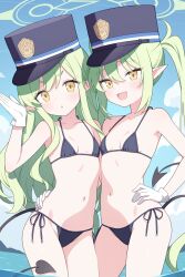 2girls :d :o absurdres alternate_costume bare_shoulders bikini black_bikini black_tail blue_archive blue_hat blue_sky blush breasts chinese_commentary cloud collarbone commentary_request cowboy_shot demon_girl demon_tail dot_nose eyes_visible_through_hair fang furrowed_brow gloves green_hair green_halo hair_between_eyes halo hand_on_another&#039;s_hip hand_on_own_hip hand_up hat head_tilt highres hikari_(blue_archive) jyt loli long_hair looking_at_viewer multiple_girls navel nozomi_(blue_archive) open_mouth parted_lips peaked_cap pointy_ears siblings side-tie_bikini_bottom sidelocks sisters skin_fang sky small_breasts smile standing stomach string_bikini swimsuit tail thighs twins twintails very_long_hair water white_gloves yellow_eyes