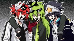 Rule 34 | 1210534020, 3boys, aotu world, arm around shoulder, bandana, black gloves, black hair, black jacket, black shirt, chinese commentary, collared shirt, eyewear on head, fangs, fingerless gloves, gloves, green hair, green necktie, hair between eyes, halo, hand up, hat, headband, headgear, high collar, highres, jacket, long hair, long sleeves, looking at another, looking at viewer, low ponytail, male focus, multiple boys, necktie, official alternate costume, open clothes, open jacket, open mouth, pius (aotu world), pointy ears, ponytail, purple eyes, ray (aotu world), red eyes, red gloves, red hair, scar, scar on face, sharp teeth, shirt, short hair, smile, star (symbol), star print, sunglasses, teeth, unworn headwear, upper body, v-neck, white headband, white jacket, white shirt, xander (aotu world)