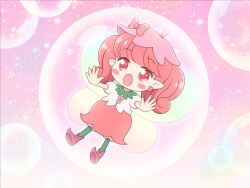 Rule 34 | 1girl, :o, bloomers, blush stickers, boots, bow, bubble, bubble background, chibi, commentary, commission, curly twintails, earrings, fairy, fairy wings, flower, flower hat, flower skirt, full body, gradient wings, green leggings, hat, hat bow, hat ornament, heart, heart earrings, heart in eye, in bubble, jewelry, kato-shun, key, key necklace, leggings, lip (fairilu), long hair, looking at viewer, multicolored wings, necklace, no nose, open hands, open mouth, outstretched arms, pink background, pink boots, pink bow, pink eyes, pink hair, pink hat, pink skirt, pixiv commission, pointy ears, pointy footwear, puffy short sleeves, puffy sleeves, rilu rilu fairilu, sanrio, shirt, short sleeves, skirt, soap bubbles, solo, sparkle, sparkle background, spread fingers, symbol in eye, tulip, twintails, underwear, white bloomers, white shirt, wings