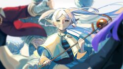 2girls 3boys capelet earrings elf fern_(sousou_no_frieren) floating_hair frieren green_eyes heiter highres himmel_(sousou_no_frieren) holding holding_staff jewelry long_hair looking_at_viewer mage_staff multiple_boys multiple_girls parted_bangs pointy_ears shirt smile solo_focus sousou_no_frieren staff stark_(sousou_no_frieren) striped_clothes striped_shirt teardrop_earrings twintails upper_body white_capelet white_hair yodaka002
