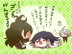 3boys afterimage ahoge android anger_vein angry argyle_background arm_belt barefoot belt bird black-framed_eyewear black_eyes black_footwear black_scarf brown_jacket brown_pants brown_sleeves brown_suit checkered_clothes checkered_scarf chibi collared_jacket colored_tips commentary_request danganronpa_(series) danganronpa_v3:_killing_harmony formal_clothes furrowed_brow glasses gokuhara_gonta green_background green_hair grey_hair hair_between_eyes bug_cage jacket k1-b0 kneeling layered_sleeves light_blush long_hair long_sleeves lying male_focus motion_lines multicolored_hair multiple_belts multiple_boys nervous nervous_sweating oma_kokichi on_stomach open_belt open_mouth oval pale_skin pants puffin purple_hair round_eyewear scarf shoes simple_background solid_oval_eyes suit sweat thick_eyebrows thigh_belt thigh_strap translation_request two-tone_scarf v-shaped_eyebrows very_long_hair white_belt white_jacket white_pants white_scarf yumaru_(marumarumaru)