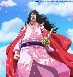 1boy black_hair cape clenched_hand cloud deviantart_username falling_petals holding holding_weapon japanese_clothes jmc katana kouzuki_momonosuke long_hair moon_(symbol) one_piece open_mouth petals sky solo sword traditional_clothes watermark weapon web_address