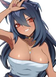 1girl \m/ alternate_costume animal_ears armpits bare_arms bare_shoulders black_choker black_hair blush breasts choker cleavage collarbone dark-skinned_female dark_skin double-parted_bangs eve_on_k fingernails grin hair_between_eyes highres hishi_amazon_(umamusume) horse_ears horse_girl jewelry large_breasts long_hair long_hair_between_eyes looking_at_viewer nail_polish necklace red_eyes red_nails simple_background smile solo strapless tube_top umamusume upper_body white_background white_tube_top