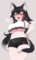 1girl :d animal_ear_fluff animal_ears arm_at_side black_hair black_shorts blush breasts character_name chestnut_mouth clothes_writing commentary_request cowboy_shot crop_top crop_top_overhang cropped_shirt curvy double-parted_bangs flipped_hair grey_background grey_hair groin hair_ornament hairclip hand_on_own_hip highres hololive hololive_dance_practice_uniform kani_bonara large_breasts long_hair looking_at_viewer midriff multicolored_hair navel no_bra official_alternate_costume ookami_mio open_mouth red_hair shirt short_shorts shorts sidelocks simple_background smile solo spiked_hair steaming_body streaked_hair sweat t-shirt tail tail_around_own_leg tail_wrap thick_thighs thighs underboob very_long_hair very_sweaty virtual_youtuber white_shirt wolf_ears wolf_girl wolf_tail workout_clothes yellow_eyes