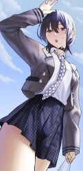1girl arm_up bag belt_collar black_choker black_hair blazer blue_hair choker collar collared_shirt colored_inner_hair commentary_request double-parted_bangs earrings eden_(edenaldojj) fingernails from_below glint grey_jacket highres holding holding_bag ichinose_uruha ichinose_uruha_(6th_costume) jacket jewelry lapels light_blush long_sleeves looking_at_viewer lupinus_virtual_games medium_hair miniskirt multicolored_hair necktie official_alternate_costume open_clothes open_jacket parted_lips patterned_clothing plastic_bag pleated_skirt purple_eyes school_uniform shirt shirt_tucked_in sidelocks skirt sky solo two-tone_hair virtual_youtuber vspo! white_shirt wolf_cut
