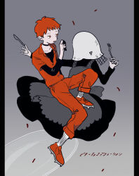 Rule 34 | 1boy, apron, bitter choco decoration (vocaloid), black choker, black dress, black undershirt, butter knife, choker, daiki amano, dress, food on hand, fork, fucca, full body, grey apron, grey background, holding, holding fork, jewelry, jumpsuit, long sleeves, looking at another, male focus, open mouth, orange eyes, orange hair, orange jumpsuit, orange shoes, pants, pants rolled up, pillarboxed, plate, prison clothes, shoes, short hair, short sleeves, socks, song name, translation request, veil, white socks, white veil
