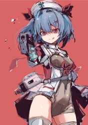 1girl :p absurdres blue_hair breasts colphne_(girls&#039;_frontline_2) colphne_(silent_heart)_(girls&#039;_frontline_2) cowboy_shot girls&#039;_frontline girls&#039;_frontline_2:_exilium hat highres medium_breasts medium_hair red_eyes sketch solo taurus_curve thighhighs tongue tongue_out yoto_(rinlin2)