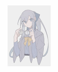 Rule 34 | 1girl, aww (pixiv4034890), blue bow, blue eyes, bow, bowtie, braid, cropped torso, expressionless, fate/grand order, fate (series), grey background, grey hair, grey jacket, hair between eyes, hair bow, highres, holding, holding removed eyewear, jacket, long hair, long sleeves, looking at viewer, morgan le fay (fate), ponytail, round eyewear, sidelocks, single braid, solo, striped clothes, turtleneck, unworn eyewear, yellow bow, yellow bowtie