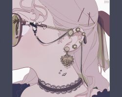 1girl animated animated_gif black_choker brown_eyes brown_hair choker commentary ear_piercing earrings glasses green-tinted_eyewear hair_ribbon half_updo heart heart_earrings jewelry looking_at_viewer original piercing pillarboxed portrait profile ribbon solo tattoo tinted_eyewear vivinos