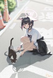 1girl absurdres animal_ears artist_name bare_legs black_cardigan black_choker black_hair black_mask black_shoes black_socks blue_archive blush bracelet cardigan cardigan_around_waist cat_ears choker clothes_around_waist collarbone colored_skin commentary_request extra_ears grey_skin halo highres jewelry kazusa_(band)_(blue_archive) kazusa_(blue_archive) kneehighs loafers logo_print mask mask_pull mouth_mask multicolored_hair official_alternate_costume outdoors p1n pink_hair pleated_skirt road shoes short_hair skirt smile socks solo squatting street sweatdrop two-tone_hair white_hair