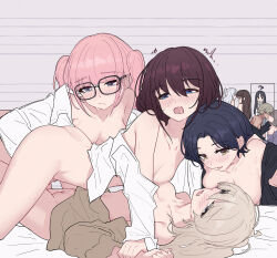 Rule 34 | 6+girls, ahoge, ai (girls band cry), awa subaru, black hair, blue eyes, blue hair, blush, breasts, brown hair, chinese commentary, commentary request, diamond dust (girls band cry), ebizuka tomo, everyone, fingering, gangbang, girls band cry, glasses, grey eyes, grey hair, group sex, highres, hina (girls band cry), iseri nina, kawaragi momoka, long hair, medium breasts, multiple girls, nana (girls band cry), one side up, open mouth, pink hair, rin (girls band cry), rupa (girls band cry), saliva, shirt, short hair, small breasts, sweat, togenashi togeari, white hair, white shirt, yellow eyes, yun cao bing, yuri
