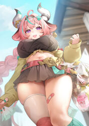 1girl absurdres ahoge animal_ears aqua_hair aqua_hairband bag bandaid bandaid_on_horn bandaid_on_thigh bandeau bell bell_earrings belt black_bandeau black_hairband black_skirt blue_sky blush braid breasts cloud cloudy_sky cow_ears cow_girl cow_horns cow_tail cowbell day detached_sleeves donut earrings fingernails food from_below genshin_impact hair_ornament hairband highres horns izumi_kei jewelry large_breasts long_hair long_sleeves milk_carton multicolored_hair multicolored_hairband nail_polish navel open_mouth outdoors pink_bandaid pink_belt pink_hair pink_hairband pink_nails plastic_bag purple_eyes single_earring single_thighhigh skirt sky sleeve_garter smile solo stomach streaked_hair tail thighhighs thighs twin_braids twintails two-tone_hair varesa_(genshin_impact) white_horns white_thighhighs x_hair_ornament yellow_sleeves