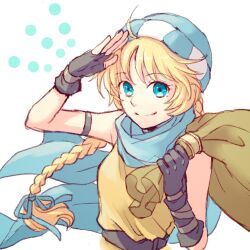 Rule 34 | 1girl, aqua eyes, armlet, black gloves, blonde hair, blue scarf, bow, braid, braided ponytail, breasts, closed mouth, commentary request, fingerless gloves, fire emblem, fire emblem: genealogy of the holy war, gloves, hair bow, hat, holding, holding sack, jewelry, long hair, looking at viewer, nintendo, patty (fire emblem), sack, salute, scarf, simple background, sleeveless, small breasts, smile, solo, upper body, usachu now, white background