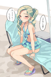 1boy bikini bishounen blonde_hair blue_bikini bracelet crossdressing earrings highres initsukkii jewelry legs long_hair microskirt nipples original ponytail puckered_lips sandals skirt speech_bubble swimsuit thighs topless_male trap