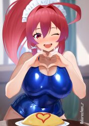 1girl ahoge blue_one-piece_swimsuit breasts covered_navel dorachan_r food heart heart_hands highres i-168_(kancolle) indoors kantai_collection large_breasts long_hair looking_at_viewer maid maid_headdress omelet omurice one-piece_swimsuit one_eye_closed open_mouth ponytail red_eyes red_hair ribbon round_teeth school_swimsuit smile solo swimsuit teeth upper_teeth_only very_long_hair