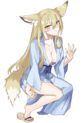 Rule 34 | 1girl, animal ears, arknights, blonde hair, blue robe, breasts, chinese commentary, cleavage, closed mouth, collarbone, commentary request, facial scar, full body, hair between eyes, highres, invisible chair, light smile, long hair, looking at viewer, medium breasts, multicolored hair, neti (cpu11151), no bra, orange eyes, partial commentary, robe, sandals, scar, scar on cheek, scar on face, simple background, sitting, solo, streaked hair, tail, vulpisfoglia (arknights), waving, white background, white hair, yellow tail