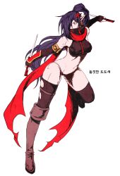 1girl alternate_costume arm_guards armor armpits assassin black_gloves blue_eyes blue_hair boots breasts covered_mouth elbow_gloves fingerless_gloves gloves hair_ornament hair_over_one_eye hair_tie holding holding_sword holding_weapon knee_boots long_hair medium_breasts navel ninja original pointy_ears red_scarf scarf shadow_dancer_(dungeon_and_fighter) shiny_skin shuriken solo sword thief_(dungeon_and_fighter) thighhighs torn_clothes underwear underwear_only very_long_hair weapon zipper
