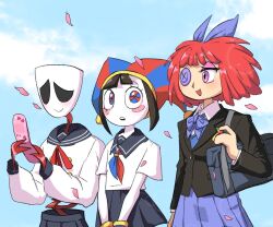 3girls bag gangle_(the_amazing_digital_circus) glitch_productions hat jester_cap multiple_girls phone pomni_(the_amazing_digital_circus) ragatha_(the_amazing_digital_circus) school_uniform skirt the_amazing_digital_circus