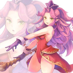 1girl absurdres angela_(seiken_densetsu_3) bare_shoulders breasts earrings female_focus gloves green_eyes hair_intakes hat highres jewelry large_breasts leotard looking_at_viewer multiple_views pointy_ears purple_gloves purple_hair red_leotard red_skirt seiken_densetsu seiken_densetsu_3 showgirl_skirt skirt square_enix swept_bangs thighs