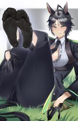 1girl absurdres animal_ears black_hair black_socks blue_eyes blush feet feet_up fuji_kiseki_(umamusume) grass highres horse_ears horse_girl horse_tail jitome_no_tsugumi looking_at_viewer short_hair smile socks soles tail toes umamusume