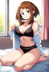 1girl bed boku_no_hero_academia breasts smile underwear undressing uraraka_ochako