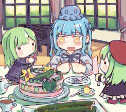 3girls absurdres bang_dream! bang_dream!_it&#039;s_mygo!!!!! beret birthday birthday_cake blue_dress blue_hair cake cucumber cup dress ennisgirsu food green_hair hair_ribbon hat highres holding holding_knife instrument knife long_hair mortis_(bang_dream!) mortis_(costume)_(bang_dream!) wakaba_mutsumi_(doll) multiple_girls piano pudding red_hat red_shoes ribbon shoes solid_circle_eyes table teacup togawa_sakiko twintails wakaba_mutsumi wakaba_mutsumi_(doll) yellow_eyes