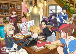 2boys 5girls :d :o ahoge arm_up at_computer beret black_jacket blonde_hair blue_eyes blue_jacket book braid brown_eyes brown_hair brown_serafuku brown_shirt child&#039;s_drawing chuunibyou_demo_koi_ga_shitai! city_(arawi_keiichi) commentary_request company_connection computer copyright_notice crossover door dragon_horns drawstring earbuds earphones easel eyepatch free! gakuran hair_ribbon hat hibike!_euphonium holding holding_book holding_megaphone holding_paper hood hooded_jacket horns icho_private_high_school_uniform indoors jacket jitome kanna_kamui kitauji_high_school_uniform kobayashi-san_chi_no_maidragon kyoto_animation lamp looking_at_another medical_eyepatch megaphone monitor multiple_boys multiple_crossover multiple_girls nagumo_midori nanase_haruka_(free!) narumiya_minato neckerchief official_art one_side_up open_book open_mouth oumae_kumiko paint_on_body paint_on_clothes paint_splatter paint_splatter_on_face pallette_(mega_man) paper pencil_behind_ear phonograph plaid_clothes plaid_skirt red_hat red_neckerchief red_ribbon ribbon ruler school_uniform serafuku shirt short_hair short_sleeves skirt sleeves_rolled_up smile stairs takanashi_rikka thumbs_up tsurune:_kazemai_koukou_kyuudoubu typewriter violet_evergarden violet_evergarden_(series)