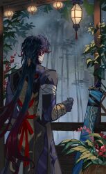 1boy architecture aywaru bamboo bandaged_arm bandages black_coat black_hair blade_(honkai:_star_rail) coat cowboy_shot cup east_asian_architecture flower fog from_behind hand_up highres holding holding_cup honkai:_star_rail honkai_(series) leaf long_hair male_focus multicolored_coat outdoors plant potted_plant red_flower red_ribbon ribbon standing very_long_hair