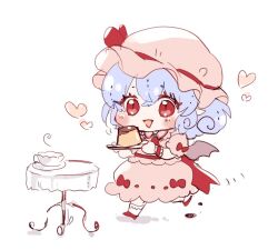 1girl ascot bat_wings blue_hair blush bow chibi collared_shirt commentary_request cup food frilled_shirt_collar frills full_body hair_between_eyes hat hat_ribbon heart holding holding_plate maru_usagi mob_cap open_mouth pink_hat pink_shirt pink_skirt plate pointy_ears pudding puffy_short_sleeves puffy_sleeves red_ascot red_bow red_eyes red_shoes remilia_scarlet ribbon shirt shoes short_hair short_sleeves simple_background skirt skirt_set solo table teacup touhou white_background wings wrist_cuffs