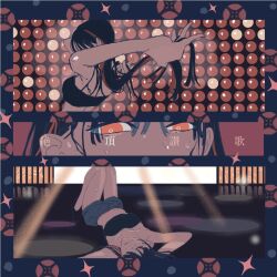 1girl armpits arms_up black_hair black_tube_top blue_shorts colored_inner_hair denim denim_shorts hand_in_own_hair long_hair lying median_furrow minarai_0330 multicolored_hair on_back original pink_hair red_eyes shorts strapless sweat tube_top very_long_hair yellow_eyes zetchou_sanka_(wanuka)