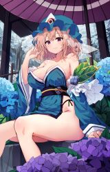 Rule 34 | 1girl, absurdres, alternate costume, aqua kimono, bare shoulders, black sash, blue flower, blue kimono, blush, breasts, closed mouth, collarbone, commentary request, detached sleeves, flower, frilled headwear, hand up, hat, highres, hira-san, japanese clothes, kimono, large breasts, looking at viewer, mob cap, obi, oil-paper umbrella, panty straps, pink hair, purple eyes, rain, saigyouji yuyuko, sash, short hair, sideless kimono, sitting, sleeveless, sleeveless kimono, solo, strapless kimono, thighs, touhou, triangular headpiece, umbrella, wide sleeves