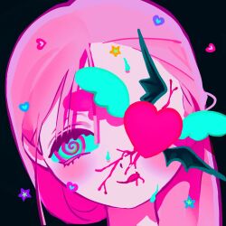 Rule 34 | 1girl, @ @, angel wings, black background, black wings, blue eyes, blue sclera, close-up, colored sclera, cracked skin, demon wings, green eyes, head tilt, heart, highres, long hair, one eye covered, original, pink eyes, pink hair, solo, star (symbol), tongue, tongue out, vivinos, white wings, wings