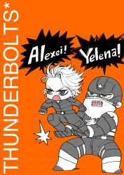 Rule 34 | absurdres, beard, blonde hair, chibi, earrings, eyeshadow, facial hair, father and daughter, helmet, highres, jewelry, jumping, jumpsuit, kiramoja, makeup, marvel, marvel cinematic universe, red guardian (marvel), short hair, standing on another&#039;s hand, star (symbol), thunderbolts (film), yelena belova