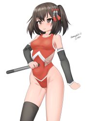 1girl absurdres arm_warmers black_hair black_thighhighs brown_eyes contrapposto dated hair_ornament highleg highleg_one-piece_swimsuit highres holding holding_torpedo kantai_collection maru_(marg0613) one-hour_drawing_challenge one-piece_swimsuit orange_one-piece_swimsuit sendai_(kancolle) sendai_kai_ni_(kancolle) short_hair simple_background single_thighhigh solo swimsuit thighhighs torpedo twitter_username two-tone_swimsuit two_side_up white_background
