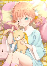 1girl :3 absurdres aqua_eyes blush collared_shirt commentary_request contrast_collar crossed_bangs feet_out_of_frame full_body hair_intakes hair_ornament hanazora_satsuki head_on_pillow highres hinoshita_kaho hinoshita_kaho_(birthday_present) holding holding_stuffed_toy link!_like!_love_live! lone_nape_hair long_shirt looking_at_viewer love_live! lying medium_hair neck_ribbon official_alternate_costume on_back one_eye_closed orange_hair orange_ribbon pillow pink_socks polka_dot polka_dot_ribbon rabbit_hair_ornament ribbon shirt short_twintails sleepy socks solo split_mouth stuffed_animal stuffed_cat stuffed_rabbit stuffed_toy twintails virtual_youtuber wavy_mouth