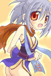 1girl 2000s_(style) ass black_sash blue_dress blush breasts commentary_request cowboy_shot dress grey_hair looking_at_viewer lowres ninja ninja_(ragnarok_online) obi oekaki open_mouth orange_background orange_eyes orange_scarf ragnarok_online sash scarf shirokuro_(lapinnoir) short_dress short_hair sleeveless sleeveless_dress small_breasts solo torn_clothes torn_scarf underbutt vambraces