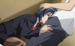 10s 1boy 1girl 2015 age_difference animated animated_gif blue_hair blush censored clothed_sex fellatio genkaku_cool_na_sensei_ga_aheboteochi! green_eyes hand_on_another&#039;s_head hetero indoors interior irrumatio kazama_rin kimishima_souma mosaic_censoring oral penis short_hair tagme teacher teacher_and_student