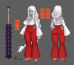 1girl absurdres artist_name ass breasts cleavage colored_skin commission full_body grey_background grey_skin highres japanese_clothes large_breasts long_hair looking_at_viewer off_shoulder original parted_lips ponytail red_eyes reference_sheet sandals simple_background solo ti_tentacle very_long_hair weapon white_hair