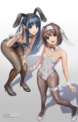 Rule 34 | 2girls, animal ear hairband, animal ears, artist name, black bow, black bowtie, black leotard, black pantyhose, blue eyes, blue hair, bow, bowtie, breasts, brown eyes, brown hair, bunny day, dargain x, detached collar, droopy ears, fake animal ears, full body, gradient background, grey leotard, hairband, hand on lap, hand on own leg, hand on own thigh, highres, leaning forward, leotard, long hair, looking at viewer, medium breasts, multiple girls, nakoruru, open mouth, pantyhose, parted lips, playboy bunny, rabbit ears, rabbit tail, rimururu, samurai spirits, shadow, short hair, siblings, sisters, small breasts, smile, snk, strapless, strapless leotard, tail, teeth, thigh strap, tongue, wrist cuffs