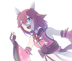 1girl animal_ears armpits blue_eyes blush breasts clenched_hand commentary_request detached_sleeves fingerless_gloves flower gloves hair_between_eyes hair_flaps hair_flower hair_ornament horse_ears horse_girl horse_tail hoyon looking_at_viewer open_mouth ribbon sakura_chiyono_o_(umamusume) small_breasts solo sweat tail teeth umamusume upper_teeth_only white_background