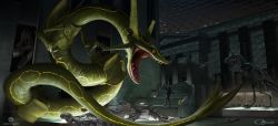 1boy absurdres aerodactyl arvalis claws concept_art creatures_(company) detective_pikachu_(series) detective_pikachu_(character) detective_pikachu_(movie) dragon fangs game_freak gen_1_pokemon gen_3_pokemon gen_6_pokemon highres legendary_pokemon nintendo pikachu pokemon pokemon_(creature) rayquaza tim_goodman tyrantrum