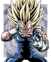 1boy absurdres blonde_hair blue_bodysuit bodysuit border dragon_ball dragon_ball_daima dragonball_z green_eyes highres long_hair male_focus muscular muscular_male no_eyebrows solo spiked_hair super_saiyan super_saiyan_3 ushi_(akabec0) vegeta veins white_border