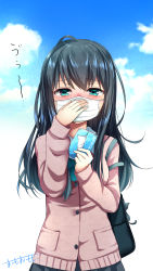 1girl bad_id bad_pixiv_id bag bag_charm black_hair black_skirt blue_sky blush brown_cardigan cardigan charm_(object) cloud collared_shirt commentary_request day female_focus fingernails green_eyes hair_between_eyes hand_up highres holding long_hair long_sleeves looking_at_viewer mask mouth_mask nose_blush omoomomo original pleated_skirt school_bag school_uniform shirt sick signature skirt sky solo surgical_mask tears tissue_box white_background white_shirt
