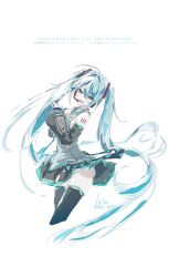 1girl absurdres aqua_hair arm_tattoo commentary_request cowboy_shot cropped_legs detached_sleeves grey_shirt hair_between_eyes hair_ornament hatsune_miku headset highres looking_at_viewer luta_(luta_1013) necktie shirt sidelocks simple_background skirt smile solo tattoo twintails vocaloid white_background