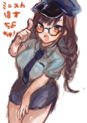 Rule 34 | 1girl, 8 oee, aged up, alternate costume, black-framed eyewear, blue hat, blue necktie, blue shirt, blue skirt, blush, braid, breasts, brown eyes, brown hair, collared shirt, cowboy shot, glasses, hair between eyes, hand up, hat, highres, iin chiyo, kimi no koto ga dai dai dai dai daisuki na 100-nin no kanojo, large breasts, long hair, looking at viewer, low twin braids, lower teeth only, miniskirt, necktie, official alternate hair length, official alternate hairstyle, open mouth, peaked cap, pencil skirt, pointing, pointing at viewer, police, police uniform, policewoman, shirt, short sleeves, side slit, simple background, skirt, skirt tug, solo, teeth, twin braids, v-shaped eyebrows, very long hair, white background