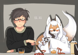 1boy 1girl alcohol animal_hands beer black_eyes black_sweater brown_eyes brown_hair claws commentary_request cup dated food fox_girl furry furry_female grey_background holding holding_food japanese_clothes kikurage_(crayon_arts) kimono long_hair looking_at_viewer looking_to_the_side original pocky short_hair sweater tail upper_body white_hair white_kimono