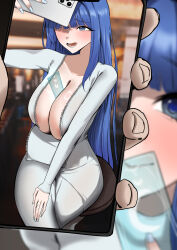 1girl 1other absurdres arcana_(nikke) between_breasts blue_eyes breasts card card_between_breasts cellphone dress ffang_tb goddess_of_victory:_nikke highres holding holding_phone huge_breasts juxtaposition open_clothes phone pov smartphone white_nails zipper_dress