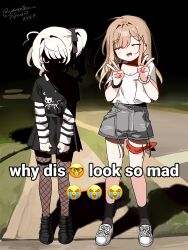 2girls :d ^_^ ahoge animal_print black_bow black_eyes black_shirt black_shoes black_skirt black_socks blonde_hair blunt_bangs blush bow bracelet breasts brown_hair cat_print cleavage clenched_hands closed_eyes crying_emoji dated denim denim_shorts dot_nose double_v emoji english_text eyes_in_shadow face_in_shadow fingernails fishnets full_body glaring grey_shorts hair_bow hair_intakes hands_up highres jewelry layered_sleeves leg_wrap long_hair long_sleeves looking_at_viewer lower_teeth_only medium_hair meme miniskirt mole mole_on_cheek multiple_girls nail_polish nerd_emoji night open_mouth original orphaneater_io parted_bangs pink_nails pleated_skirt print_shirt road shirt shirt_tucked_in shoelaces shoes short_sleeves shorts side_ponytail sidelocks skeleton_print skirt small_breasts smile sneakers socks standing street striped_sleeves teeth twitter_username v white_shirt white_shoes why_dis_ninja_look_so_mad_(meme)