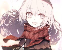 1girl argyle_clothes argyle_scarf grey_eyes highres long_hair looking_at_viewer open_mouth original portrait red_scarf reizouko scarf smile solo teeth upper_teeth_only white_background white_hair